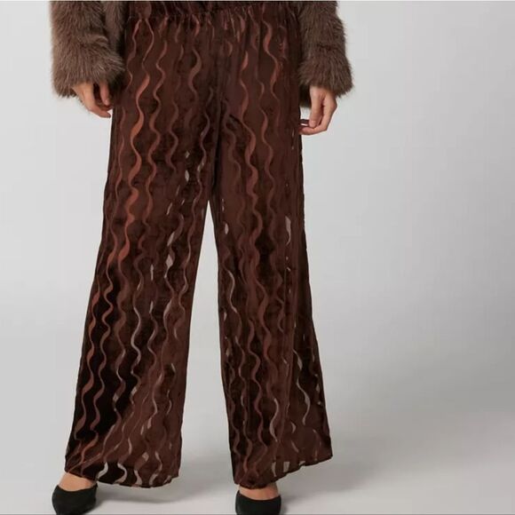 Burnout wavy pattern velvet, wide leg pull up pants, brown size M New - Picture 3 of 6